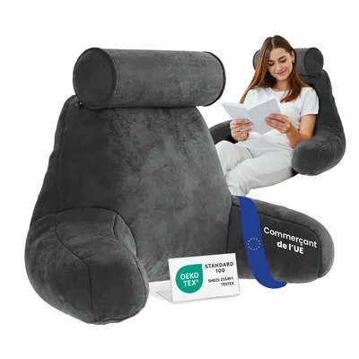 Image de ELONEO  Allemand ELONEO Coussin de dossier, coussin de lecture pour lit et canapé avec accoudoirs et traversin amovible, soutien dorsal – Gris
