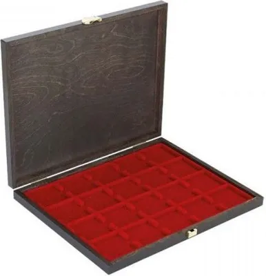 Produktbild von Lindner S2491-2722E Echtholz-Münzkassette CARUS-1 mit einer dunkelroten Münzeinlage für 20 Münzrähmchen 50x50 mm/Münzkapseln CARRÉE/OCTO Münzkapseln