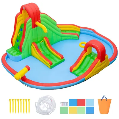 Immagine prodotto di COSTWAY: castello gonfiabile con scivolo acquatico, parete da arrampicata, piscina per bambini, cannone ad acqua e canestro da basket; parco acquatico gonfiabile per bambini 511x400x240 cm