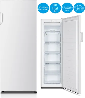 A white upright freezer with its door open, showing the interior compartments. There are also circular marketing badges with text and icons above the freezer.