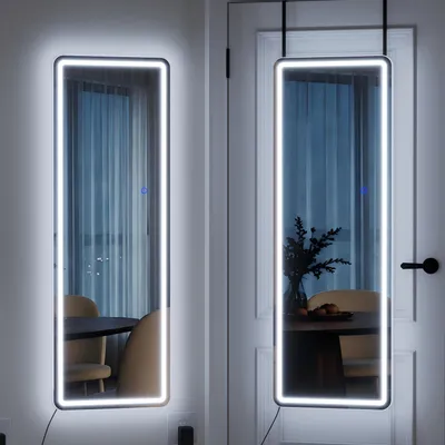 Immagine prodotto di Specchio a figura intera con illuminazione a LED, 120x37 cm, specchio da appendere alla porta, specchio da parete senza cornice, gancio regolabile in altezza, colore bianco