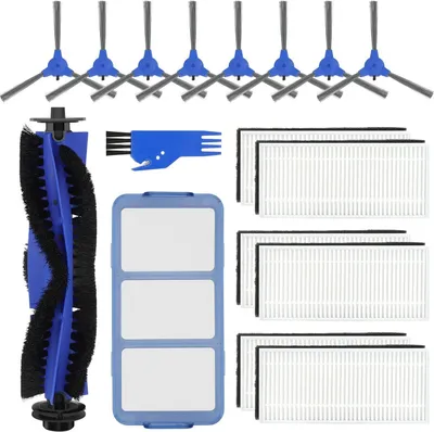 A collection of cleaning accessories for a robot vacuum cleaner, including brushes, filters, and a cleaning tool, arranged on a white background.