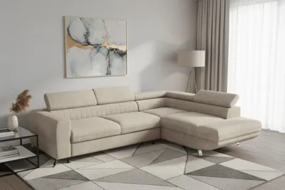 Productafbeelding van Eckbank met slaapfunctie, model MARIOS, stoffen bekleding, kleur beige, met ottomaan aan de rechterkant