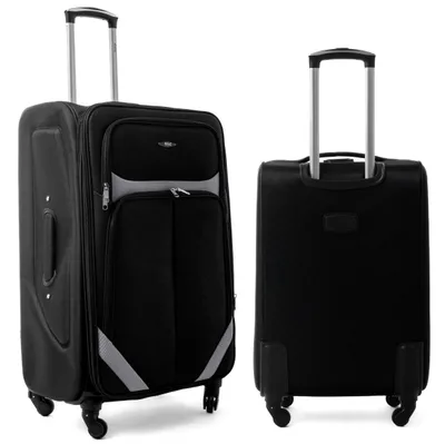 Two black suitcases shown from different angles against a white background.