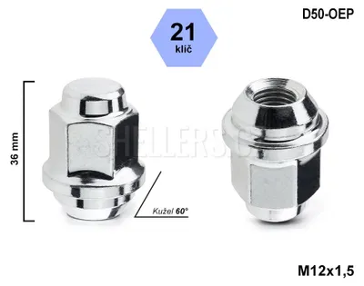 Obrázek produktu pro Kolová matice M12x1,5 kužel, MAZDA, HYUNDAI, KIA, klíč 21, D50-OEP výška 36 mm