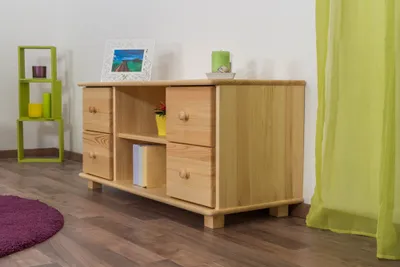 Produktbild von TV-Schrank Kiefer 118x55x47 cm mit 2 offenen Fächern, 4 Schubladen und 2 Kabeldurchführungen