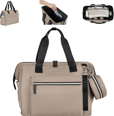 A collage of images showing a beige diaper bag from different angles and with different contents.