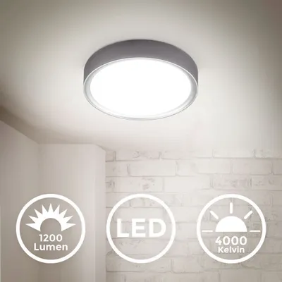 A ceiling light fixture is shown mounted on a white ceiling, with a brick wall in the background. Icons indicating product features are displayed in the foreground.