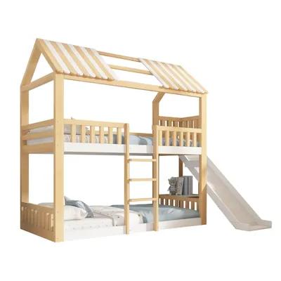 Produktbild von Etagenbett Kinder 90x200 mit Giebeldach Weiß&Natur, Hausbett Hochbett mit Regal und 35 cm Rutsche, sicherer Aufstieg,ideal für Familien mit 2 Kindern