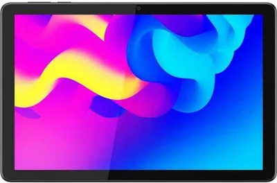 A tablet with a colorful abstract wallpaper displayed on its screen, presented against a black background.