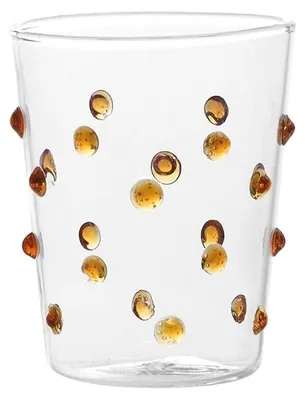 Productafbeelding van Zafferano set van 6 kleine feestglazen van borosilicaatglas, in een goudgele kleur, met een handgemaakt stippenmotief, ideaal voor het serveren van likeuren of sauzen