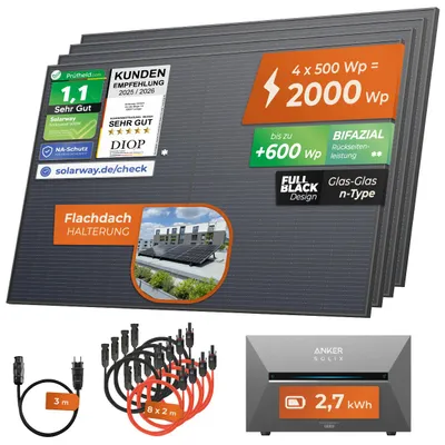 Produktbild von Solarway®️ 2000Wp / 800W Balkonkraftwerk mit 2,7 kWh Speicher komplett Steckdose - 2,7 kWh Anker SOLIX 3 PRO Speicher