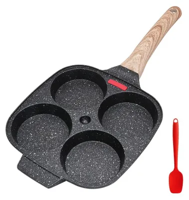 Image de Poêle à œufs, poêle à crêpes à 4 alvéoles, poêle en aluminium antiadhésive pour le petit-déjeuner, les œufs au plat et les hamburgers, compatible avec les cuisinières à induction et à gaz (noire)