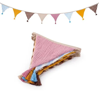 Produktbild von Wimpelkette Kinderzimmer Boho 2,6 m Stoffgirlande mit Quasten Musselin Baumwolle Mix