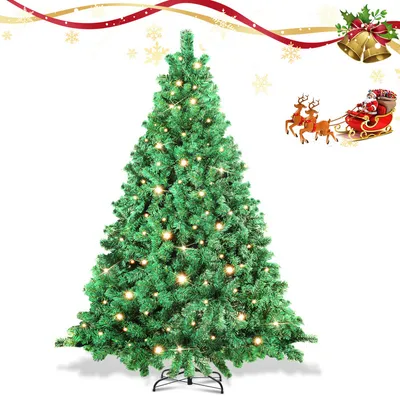 Produktbild von Bettizia Künstlicher Weihnachtsbaum 210cm mit Lichterkette 400 LED warm-weiß inkl. Metallständer 1200 Spitzen Weihnachten Christbaum Tannenbaum PVC Grün