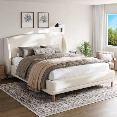 Image de OKWISH Lit Double 140x190 cm - Lit Adulte Capitonné avec Tête de Lit à Oreilles - Sans Matelas - en Tissu Bouclette - Blanc