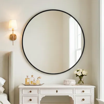 Produktbild von SONGMICS Wandspiegel, Spiegel rund, Metallrahmen, 80 cm d, für Bad, Wohnzimmer, Schlafzimmer, Flur, schwarz