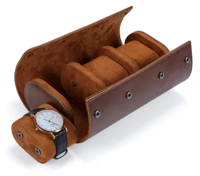 Image de Étui de rangement pour montres avec 3 compartiments, boîte de voyage pour montres, en cuir PU, couleur marron