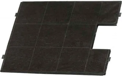 A black carbon filter for a kitchen hood, shown from a diagonal top-down perspective against a white background.
