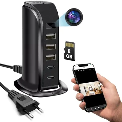 Produktbild von Mini-Kamera Wi-Fi iUni IP91, Full HD, 8 GB, Ladestation, 2 Type-C-Anschlüsse, 3 USB-A-Anschlüsse, 20 W