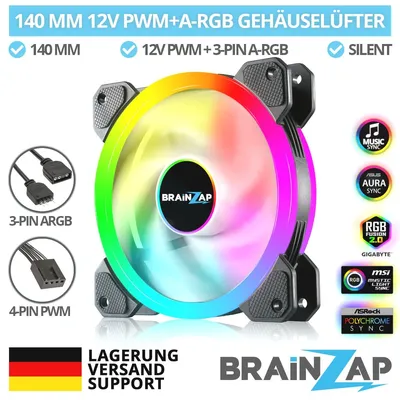 Obrázek produktu pro BRAINZAP 140 mm LED A-RGB ventilátor do skříně Case Fan 12V PWM Aura Asus Asrock MSI Gigabyte