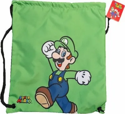 A green drawstring bag featuring a cartoon image of Luigi from Super Mario Bros.