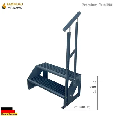 Produktbild von Gitterrost Stahl Freistehende Treppe 2 Stufen Verzinkt & Anthrazit Pulverlackiert + Geländer Rechts - (L x B x H) 44cm x 80cm x 38cm