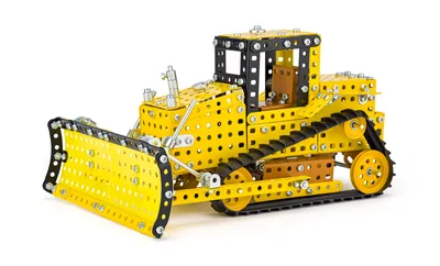 A yellow and black toy bulldozer made of metal construction parts, shown from a three-quarter front angle on a white background.