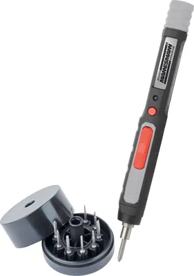 A precision electric screwdriver set with a storage case and bits, presented on a white background.