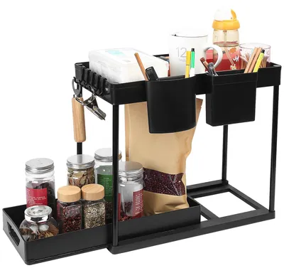 2-stufiger Unterbauschrank-Organizer mit Schublade, 4 Haken, 2 Becher