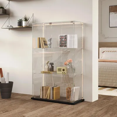 Zdjęcie produktu dla Szklana witryna – A1 – listwa oświetleniowa LED – 3 szklane półki – 2 drzwi ze szkła hartowanego – nowoczesny design – biała