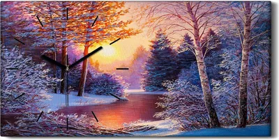 Produktbild von Dekor Leinwand Uhr Wandbilder 60x30 Malerei Bäume Schnee Fluss Sonnenuntergang - schwarze Hände