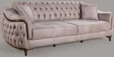 Image de Beige Chesterfield canapé trois places coussins canapé meubles velours bois