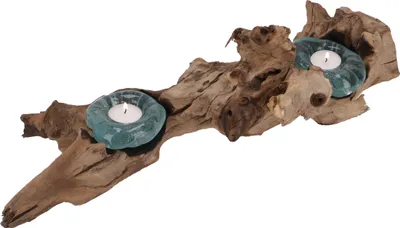 Produktbild von Wurzelholz mit Teelichthalter aus Mundgeblasenem Glas - Modell 2, Braun, Glas,Holz, 10*35*15 cm, Teelichthalter & Kerzenhalter