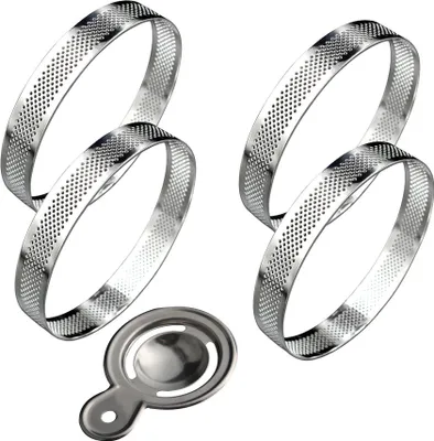 Produktbild von 4er Set 8cm Runde Tortenringe Mit Löchern, Edelstahl, Obstkuchen, Quiches, Kuchen, Mousse, Backform, Küche, Backform Mit 1 Eiertrenner