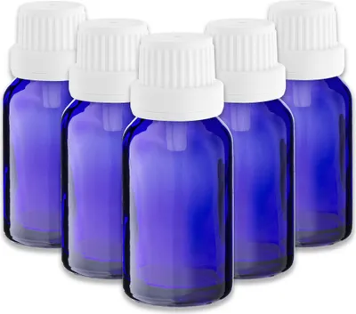 Produktbild von 5x Blaue Glasflasche 15 ml mit weißem Tropfeinsatz Tropfer Tropfen Set