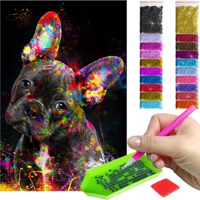 Zdjęcie produktu dla Haft diamentowy ARTULIO - Kolorowy buldog w artystycznym motywie - 60 x 40 cm - Diamond painting, Kompletny zestaw: mozaika + akcesoria