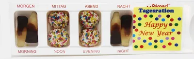 Produktbild Tablettenbox Happy New Year gefüllt mit Fruchtgummi Scherzartikel 25g