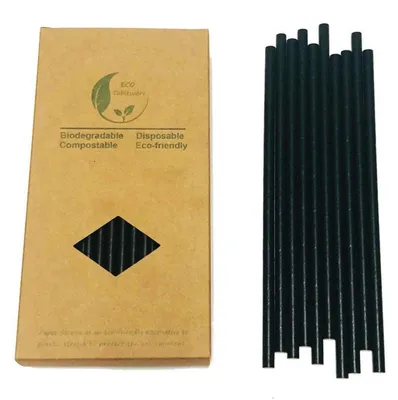 Zdjęcie produktu dla Słomki papierowe, jednorazowe, czarne, 100 sztuk, wymiary 197 x 6 mm, biodegradowalne