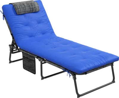 A blue chaise lounge with a gray headrest and a side storage bag, shown on a white background.