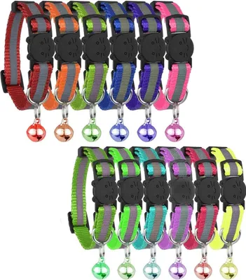 Produktbild von 12er Set Nylon Katzenhalsband mit Glöckchen, Reflektierend, Verstellbar 20,3-30,5 cm