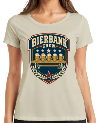 Obrázek produktu pro Tričko s motivem pro dámy, velikost S, s nápisy "Bierbank Crew", "Oktoberfest", "Stammtisch", "Masskrug", "Lederhose", "Dirndl", "JGA" (rozlučka se svobodou). Barva: přírodní