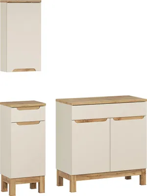 Produktbild von Badmöbel-Set 3-teilig mit 80 cm Waschtischschrank in kaschmir und Eiche, modern grifflos - SOLNA-56-CASHMERE