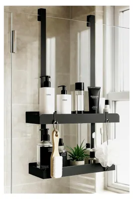 Produktbild von Duschregal zum Hängen ohne Bohren, Badezimmer Organizer für Shampoo mit 4 Haken, Edelstahl 55,5 x 31,5 x 10,5 cm