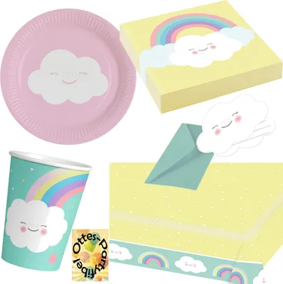 Produktbild von Regenbogen-Rainbow-Party-Set 69tlg. für 16 Gäste Teller Becher Servietten Tischdecke Einladungen