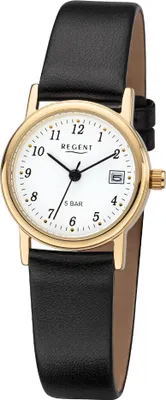 Produktbild von Regent F-829 Damen-Uhr Analog Quarz mit Lederarmband Edelstahl IP Gold Ø 25 mm