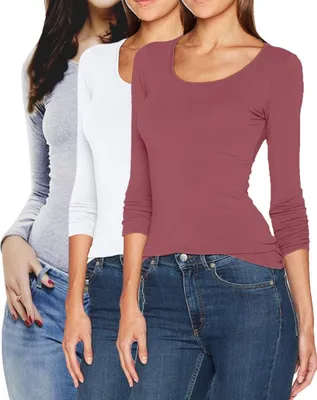 Produktbild von ONLY 3er-Set Damen Longsleeve Slim Fit Langarmshirt mit Rundhalsausschnitt, Grau-Dunkelrosa-Weiß, S
