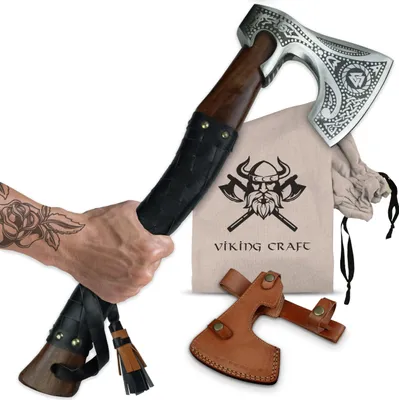 Produktbild von VIKING CRAFT® Wikinger Axt 50cm - Handgefertigte Wikinger Deko Axt mit Gravur und Lederschutz - Ideale Mittelalter Deko, Axt Wikinger Geschenke