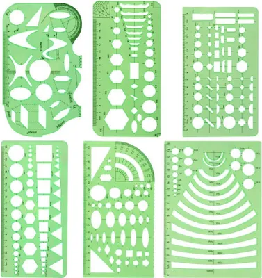 Produktbild von Messschablonen, 6 Stück geometrische Zeichnungen Kunststoff Mess Lineal Gebäude Schalung Schablonen für Zeichnungen und Entwürfe, Schalungszeichnungsvorlagen Grün transparent