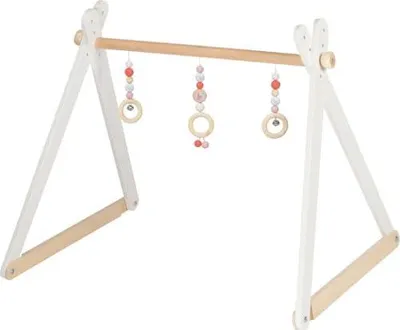 Produktbild von Baby-Fit Greif- und Spieltrainer aus Holz, Papageientaucher Motiv, Grau und Rosa für Mädchen, Spielbogen in gewohnter Qualität Germany, 4 fach höhenverstellbar, 61 x 55 x 57 cm